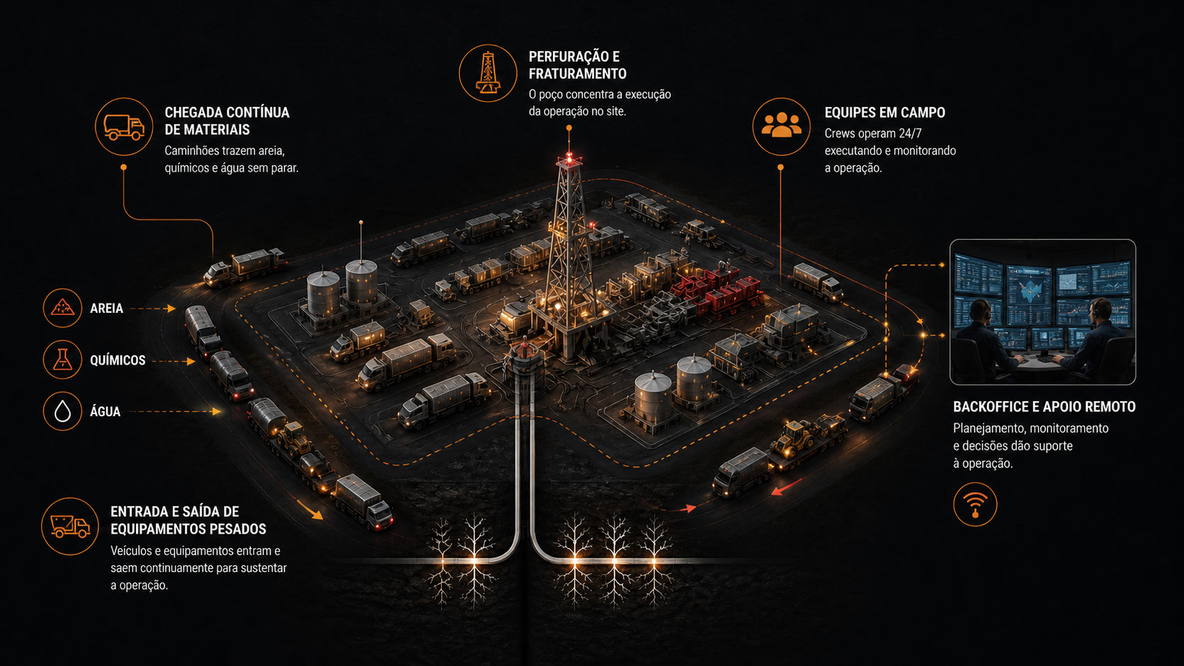 Site de fracking — perfuração, materiais, equipes em campo e backoffice remoto